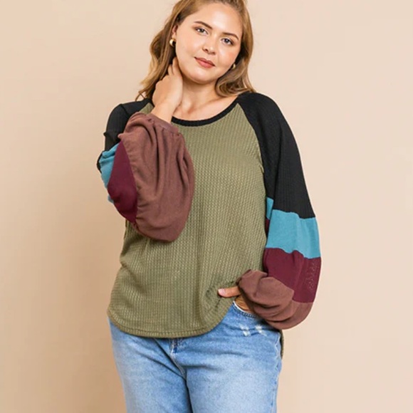 Umgee Tops - Umgee Plus Boho Raglan Balloon Sleeve Colorblock Waffle Knit Top Size 1X